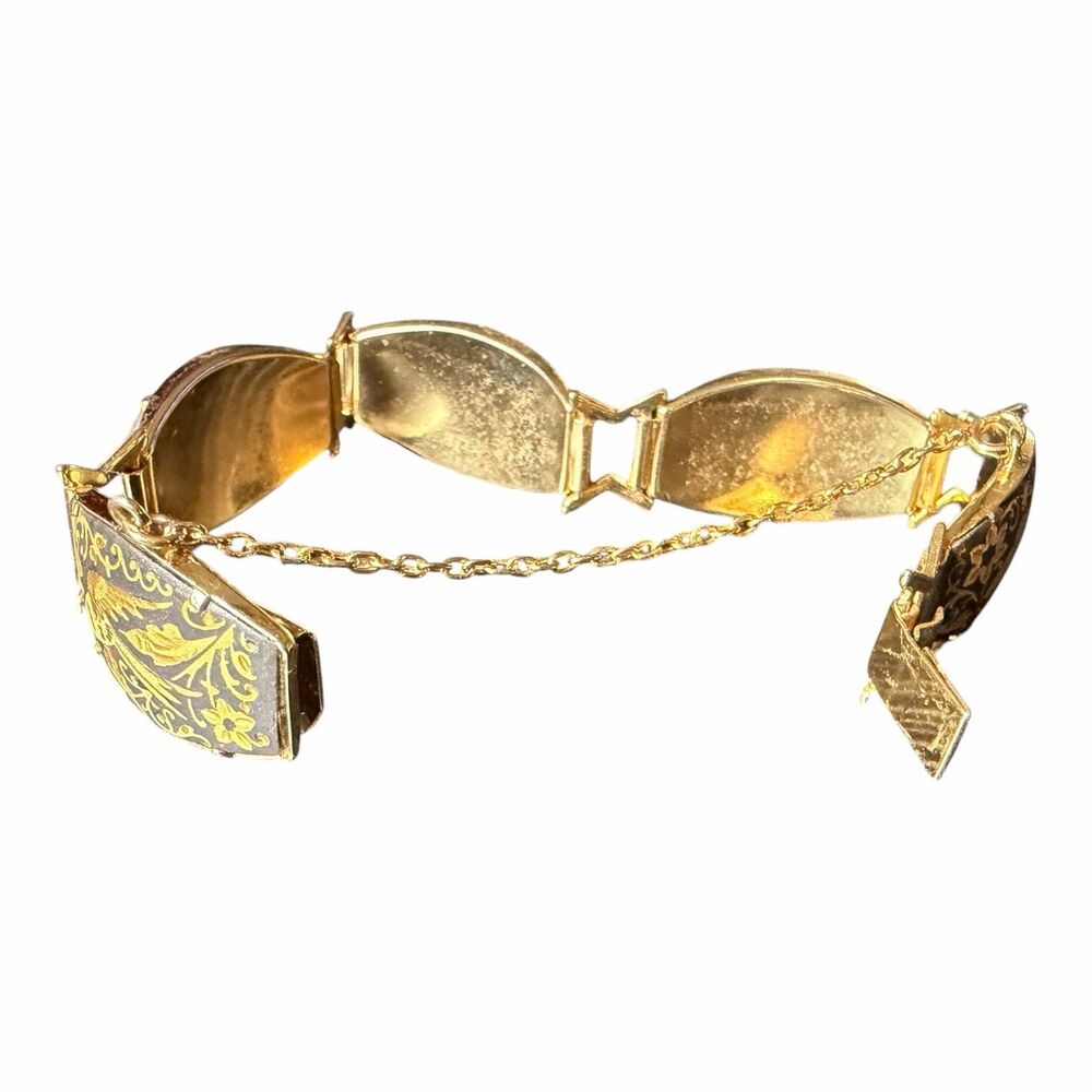 Vintage Damascene Bird Panel Bracelet Gold Tone Black Floral Safety Chain Signed - Picture 4 of 6